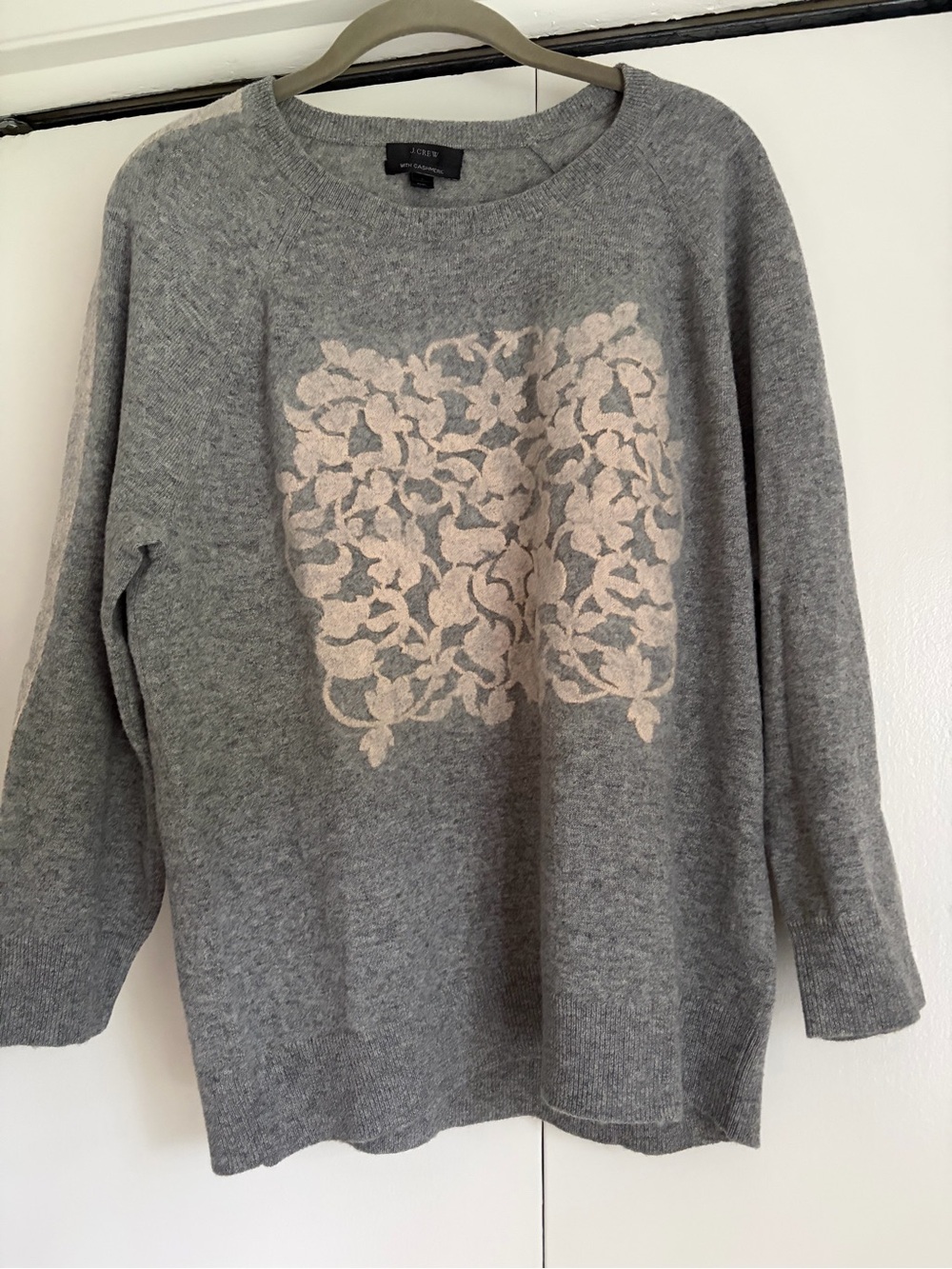 J. Crew Gray Cashmere-mix Crewneck Sweater with Cream Floral Panel